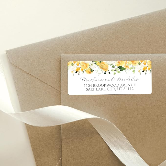 Return Address Labels Personalized with Your Choice of 30 Flower Styles - Choose Font and Font Color or Add Custom Text - Perfect for Wedding Envelopes (027 Yellow Flowers)