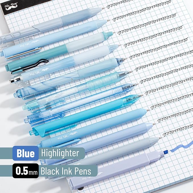 Mr. Pen- Pastel Blue Gel Pens Set, 12 Pack | Black Ink Cute Writing Pens with 1 Aesthetic Highlighter, 0.5 mm, Smooth Gel Pens for Journaling, Aesthetic Girly Stationery