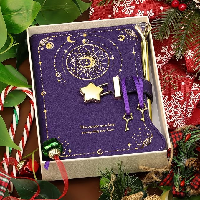 Hoci Poci Diary with Lock and Keys for Girls Gift Ideas, 360 Pages Journal | Elegant Gift Box for Teen Girls, B6 Kraft Pages Refillable Notebook with Pen and Bookmark for Writing, Astro Purple