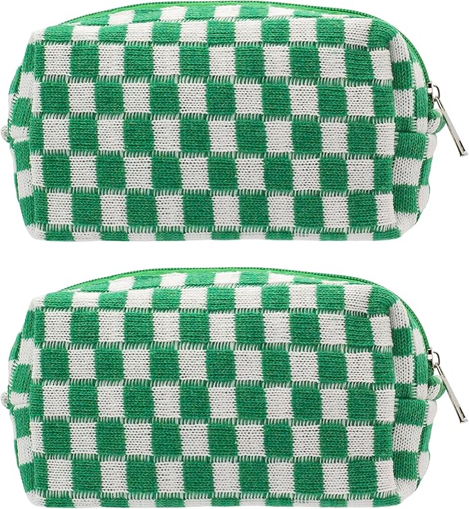 Checkered Makeup Bag for Purse, Small Travel Cosmetic Pouch,Green,2 Pack | Cute Zipper Makeup Organizer for Women, Travel Essentials, Toiletries, Makeup Brushes, Beauty Accessories&Bridesmaid Gifts