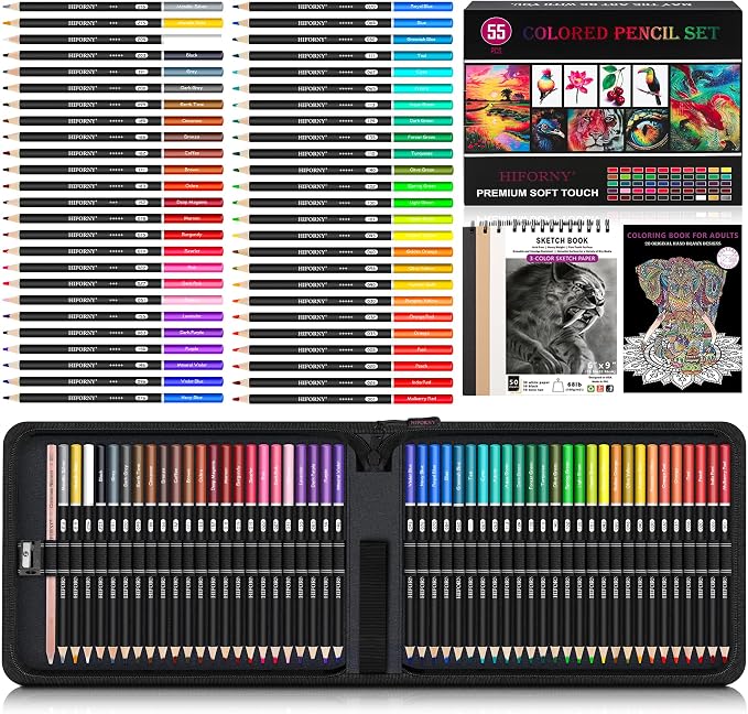 HIFORNY 55PCS Colored Pencils Set for Adults – 50 Soft Core Colored Pencils with Sketchbook, Coloring Book, Blender, Sharpener & Color Chart – in Gift Box & Zipper Case