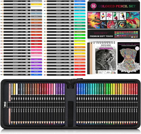 HIFORNY 55PCS Colored Pencils Set for Adults – 50 Soft Core Colored Pencils with Sketchbook, Coloring Book, Blender, Sharpener & Color Chart – in Gift Box & Zipper Case