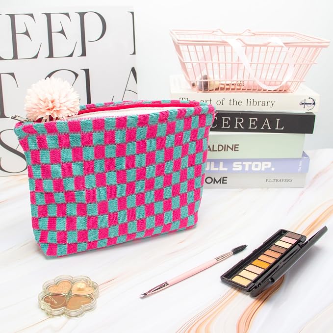 Checkered Makeup Bag for Purse, Small Flat Cosmetic Pouch,Magenta Green | Cute Zipper Makeup Organizer for Women, Travel Essentials, Toiletries, Makeup Brushes, Beauty Accessories&Bridesmaid Gifts