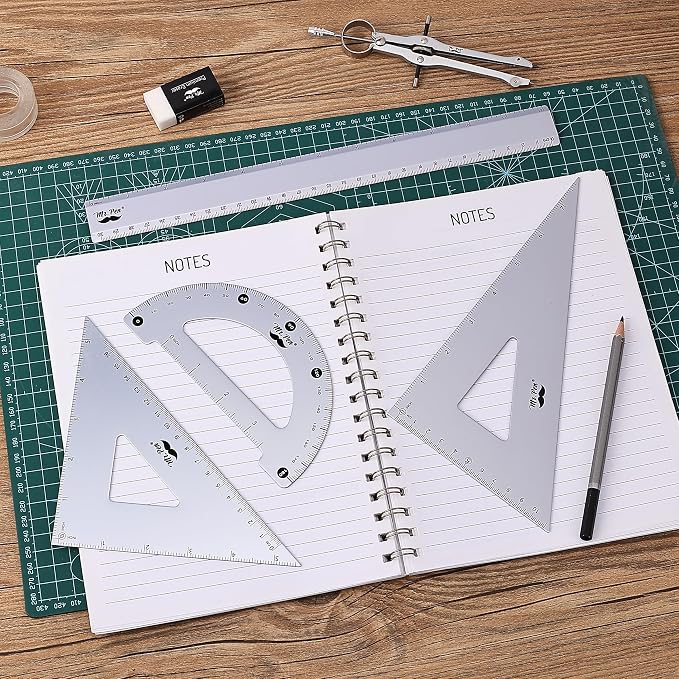 Mr. Pen- Metal Geometry Kit, 4 Pack, 45° & 30°/60° Set Squares | 6" Protractor & 12" Ruler, Durable Metal Drafting Tools for Technical Drawing, Math, Engineering & Architecture