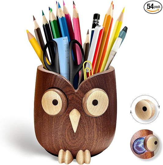 Solid Wood Owl Pen Holder for Desk with Magnetic Spinning Eyes, Funny Pencil Holder, Cute Desk Accessories, Home Office Decor, Gift for Teachers, Coworkers, Friends & Family