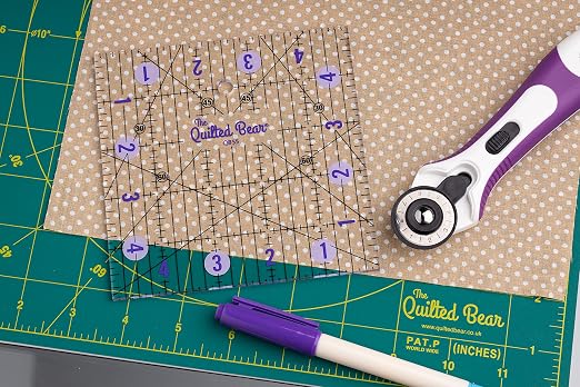 The Quilted Bear Square Quilting Ruler, Transparent Acrylic, 5" x 5" | Non-Slip, Precise Bold Lines, 30, 45 & 60 Degree Angles, 3mm Thick Transparent Acrylic, for Quilt Blocks, Sewing & Craft