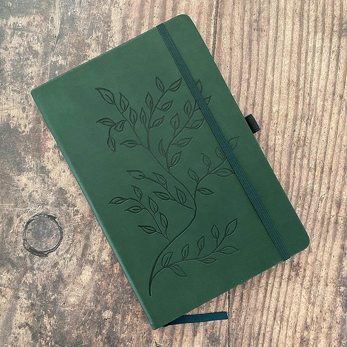 RICCO BELLO Lined Journal Notebook, Green Leaves, 5.7 x 8.4-Inches | Faux Leather Hardcover, College Ruled, 96 Sheets / 192 Pages, Pen Holder, For Work & Notes
