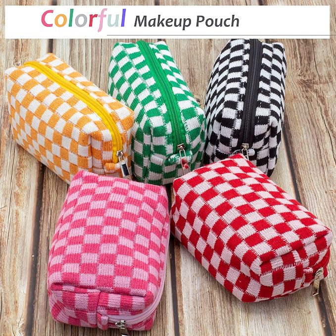 Checkered Makeup Bag for Purse, Small Travel Cosmetic Pouch,Hotpink,6 Pack | Cute Zipper Makeup Organizer for Women, Travel Essentials, Toiletries, Makeup Brushes, Beauty Accessories&Bridesmaid Gifts
