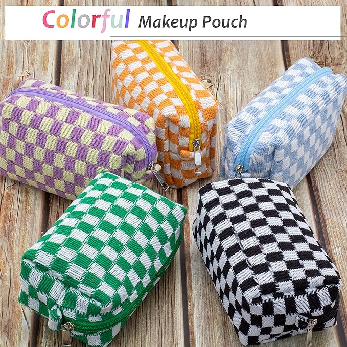 PAZIMIIK Checkered Makeup Bag for Purse Portable Zipper Make Up Pouch Small Cosmetic Case for Travel Accessories (Black) | Cute Zipper Makeup Organizer for Women, Travel Essentials, Toiletries, Makeup Brushes, Beauty Accessories&Bridesmaid Gifts