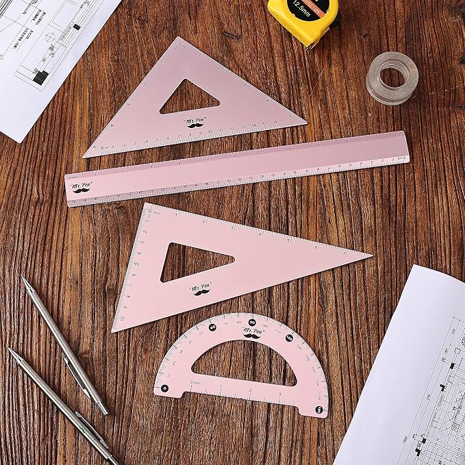 Mr. Pen- Metal Geometry Kit, 4 Pack, 45° & 30°/60° Set Squares | 6" Protractor & 12" Ruler, Durable Metal Drafting Tools for Technical Drawing, Math, Engineering & Architecture