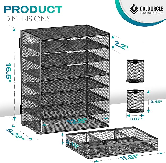 8 Tier Paper Letter Tray Organizer (Black-with Drawer,Pen Holders) | Mesh Desk File Holder Storage Organization for Home School Classroom & Office