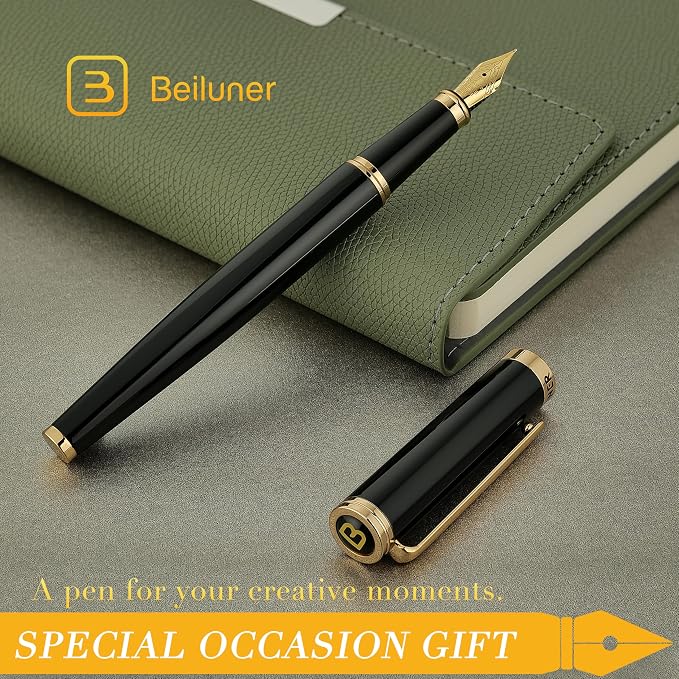 BEILUNER Black Fountain Pen,Stunning Luxury Pens with 24K Gold Accents, Gorgeous 24K Gilded Nib(Fine), Trustworthy Pen Gift for Men&Women -Ink Converter-Elegant, Reliable,Fancy Pen for Writing