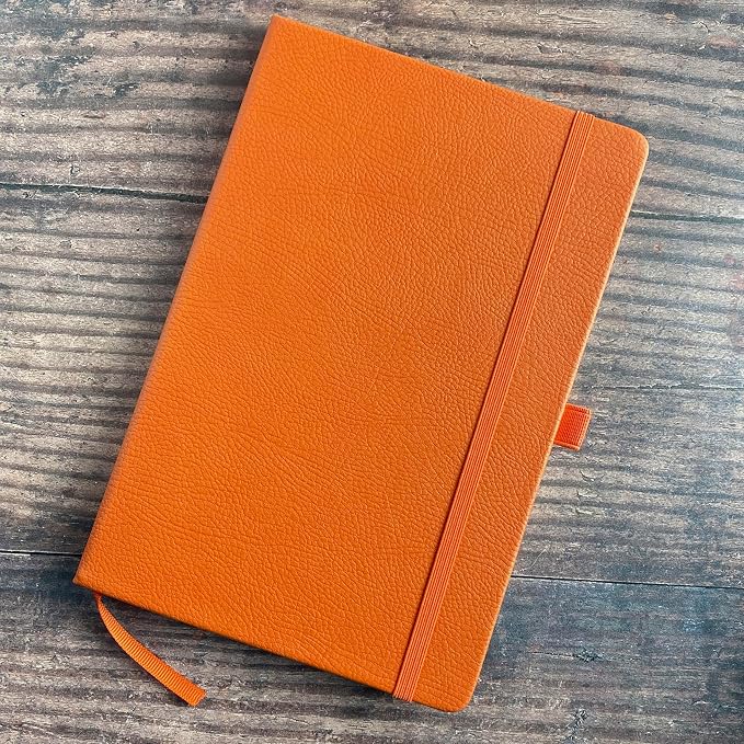 RICCO BELLO Lined Journal Notebook with Pen Holder, Orange | Faux Textured Leather Hardcover, College Ruled, 96 Sheets / 192 Pages, 5.7 x 8.4 Inches, For Work & Notes