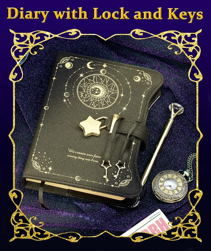 Hoci Poci Diary with Lock and Keys for Girls Gift Ideas, 360 Pages Journal | Elegant Gift Box for Teen Girls, B6 Kraft Pages Refillable Notebook with Pen and Bookmark for Writing, Astro Black