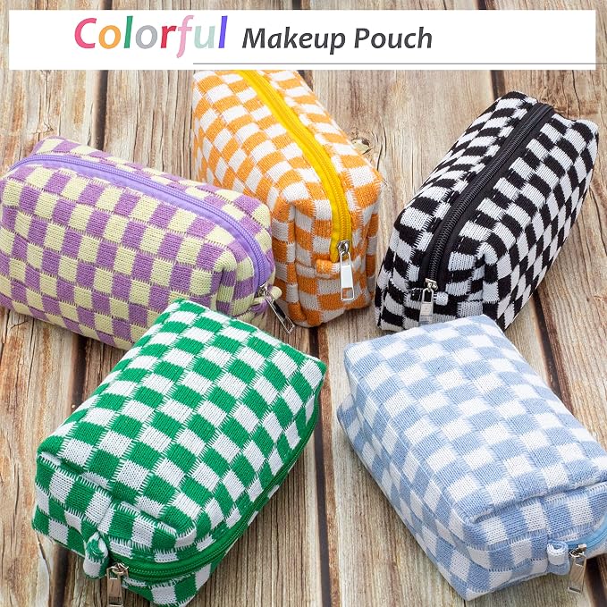 PAZIMIIK Checkered Makeup Bag for Purse, Small Travel Cosmetic Pouch,Green | Cute Zipper Makeup Organizer for Women, Travel Essentials, Toiletries, Makeup Brushes, Beauty Accessories&Bridesmaid Gifts