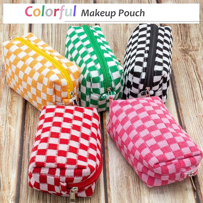 Checkered Makeup Bag for Purse, Small Travel Cosmetic Pouch,Red,2 Pack | Cute Zipper Makeup Organizer for Women, Travel Essentials, Toiletries, Makeup Brushes, Beauty Accessories&Bridesmaid Gifts