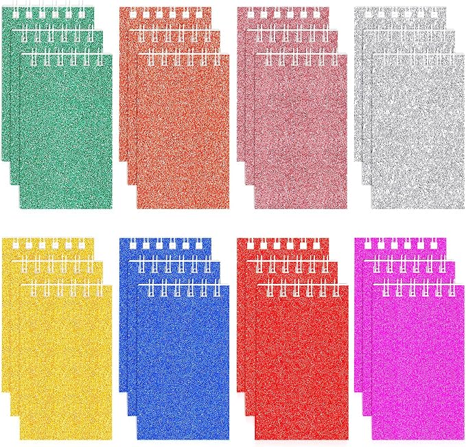 Seajan 24 Pcs Glitter Mini Spiral Notepads for Kids Party Favors Small Prism Notebooks 3.9 x 2.4 Inch Colorful Flash Memo Pads for Girls and Boys Birthday Gift Classroom Rewards 20 Pages Each