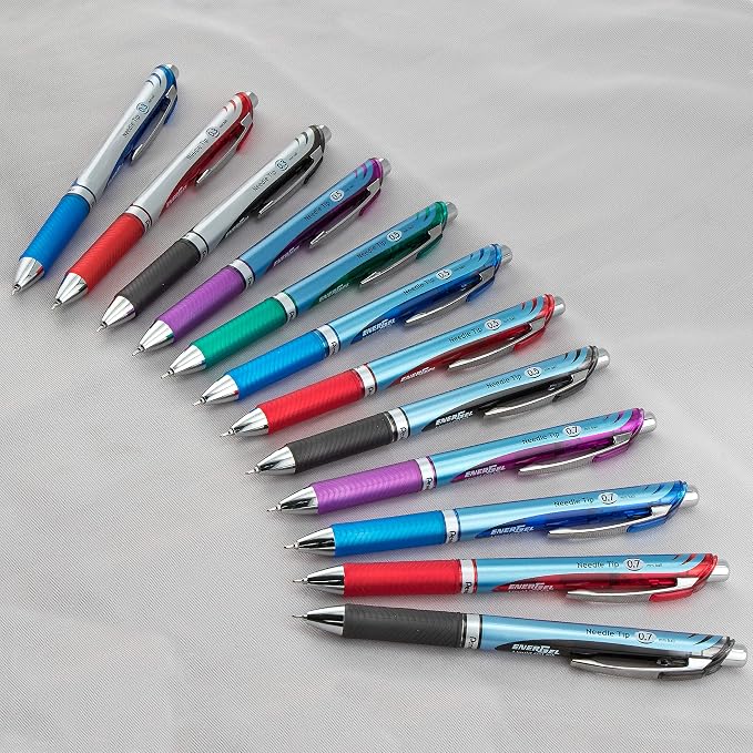 Pentel® EnerGel™ RTX Retractable Liquid Gel Pens, Fine Point, 0.5 mm, 54% Recycled, Assorted Barrel Colors, Blue Ink, Pack Of 12 Pens