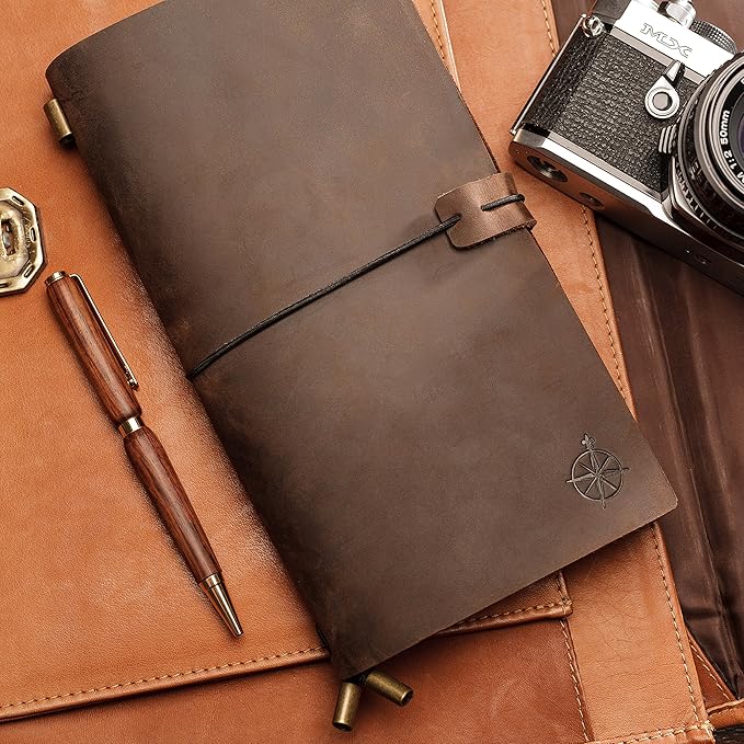 Wanderings Standard Size Travelers Notebook/Handcrafted Genuine Leather Journal - 4.75" x 8.5" (12 x 22cm) - Refillable Travel Journal - 100 GSM Blank Inserts