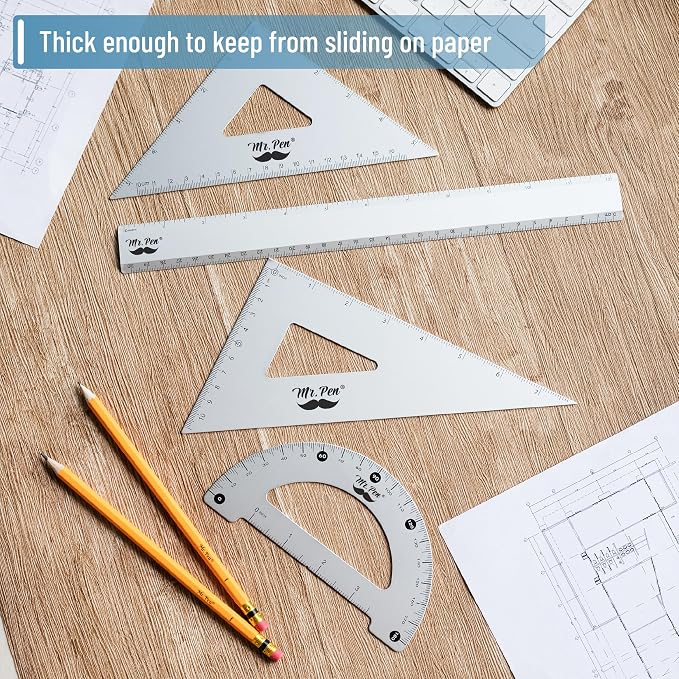 Mr. Pen- Metal Geometry Kit, 4 Pack, 45° & 30°/60° Set Squares | 6" Protractor & 12" Ruler, Durable Metal Drafting Tools for Technical Drawing, Math, Engineering & Architecture