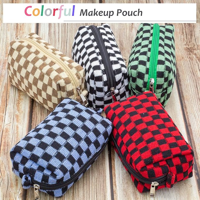 Checkered Makeup Bag for Purse, Small Travel Cosmetic Pouch,Red Black | Cute Zipper Makeup Organizer for Women, Travel Essentials, Toiletries, Makeup Brushes, Beauty Accessories&Bridesmaid Gifts