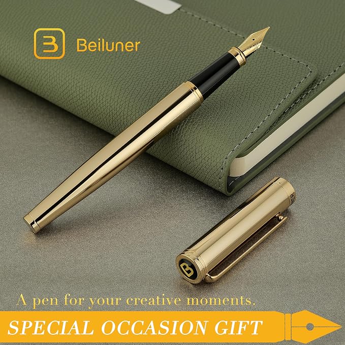 BEILUNER Gold Fountain Pen,Stunning Luxury Pens with 24K Gold Finish, Gorgeous 24K Gilded Nib(Medium), Fancy Pen Gift Set for Men&Women -Ink Converter-Elegant,Office,Nice Pen for Writing