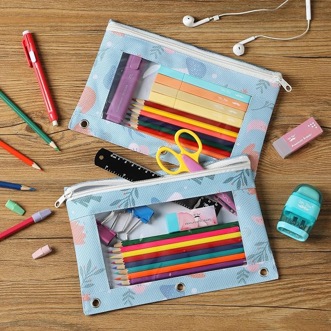 Mr. Pen- Pencil Pouch for 3 Ring Binder, 2 Pack, 10"x6.75", Smooth Zipper | Clear Window, Large Capacity Pencil Case with 3 Reinforced Grommets for School, Office, Supplies Storage | Clear Window, Large Capacity Pencil Case with 3 Reinforced Grommets f...