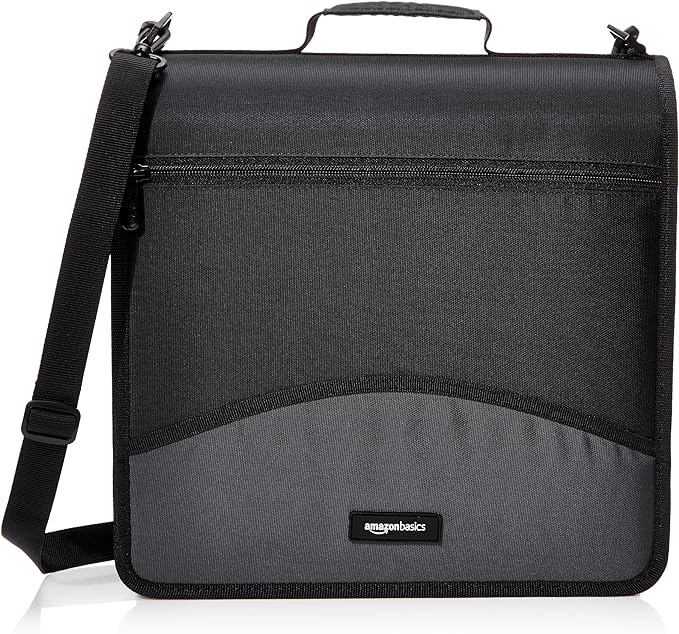 Amazon Basics Durable 3 Ring Binder with Zipper and Strap, Multiple Pockets, Sturdy Storage for School and Office, 3 inch, Black