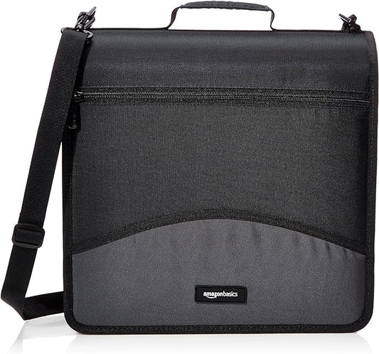Amazon Basics Durable 3 Ring Binder with Zipper and Strap, Multiple Pockets, Sturdy Storage for School and Office, 3 inch, Black