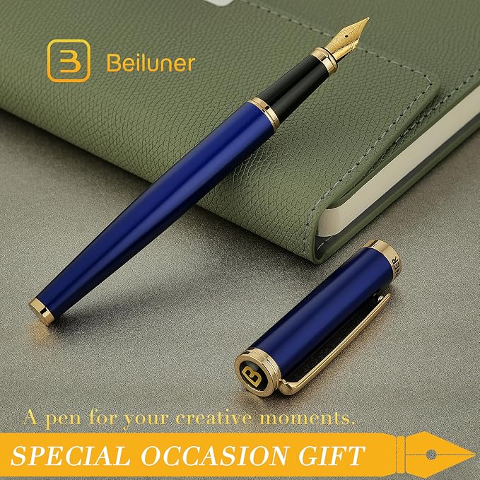 BEILUNER Blue Fountain Pen,Stunning Luxury Pens with 24K Gold Finish, Gorgeous 24K Gilded Nib(Medium), Fancy Pen Gift for Men&Women -Ink Converter-Elegant, Reliable,Nice Pen for Writing
