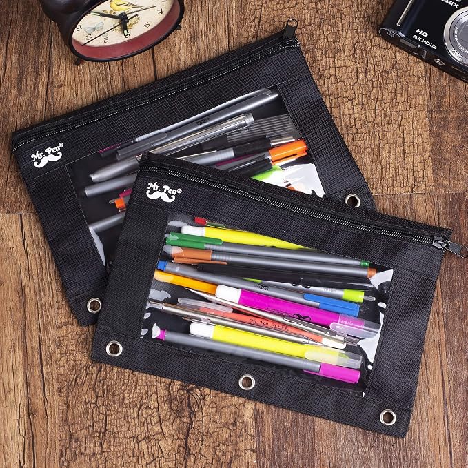 Mr. Pen- Pencil Pouch for 3 Ring Binder, 2 Pack, 10"x6.75", Smooth Zipper | Clear Window, Large Capacity Pencil Case with 3 Reinforced Grommets for School, Office, Supplies Storage | Clear Window, Large Capacity Pencil Case with 3 Reinforced Grommets f...
