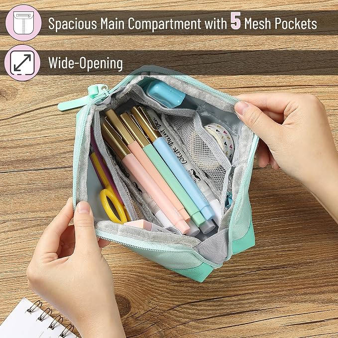 Mr. Pen- Wide-Opening Pencil Case, Triangle Design | Compact & Spacious Pencil Cases with 5 Mesh Pockets, Bag Pouch, Box Organizer for Students, School Supplies, Aesthetic Supply