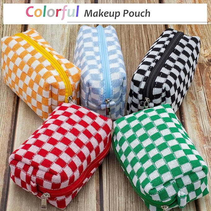 PAZIMIIK Checkered Makeup Bag for Purse Portable Zipper Make Up Pouch Small Cosmetic Case for Travel Accessories (Blue) | Cute Zipper Makeup Organizer for Women, Travel Essentials, Toiletries, Makeup Brushes, Beauty Accessories&Bridesmaid Gifts
