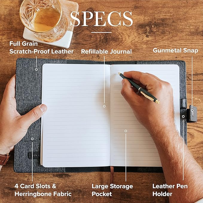 CASE ELEGANCE Full Grain Premium Leather Refillable Journal Cover with A5 Lined Notebook, Pen Loop, Card Slots, Brass Snap (Monogrammed Black)